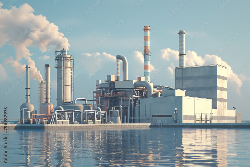 A large industrial plant is situated next to a body of water