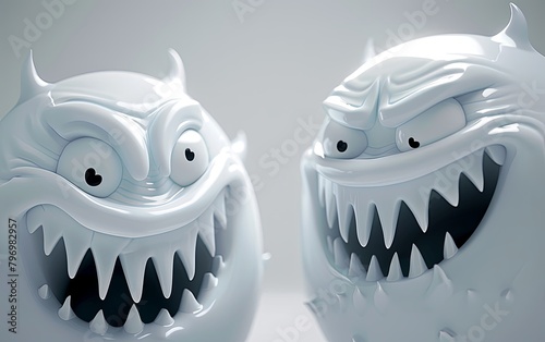 Two monsters with toothy mouths. A couple of sweetly smiling demons. Cartoon characters. Illustration for cover, card, postcard, interior design, banner, poster, brochure or presentation.