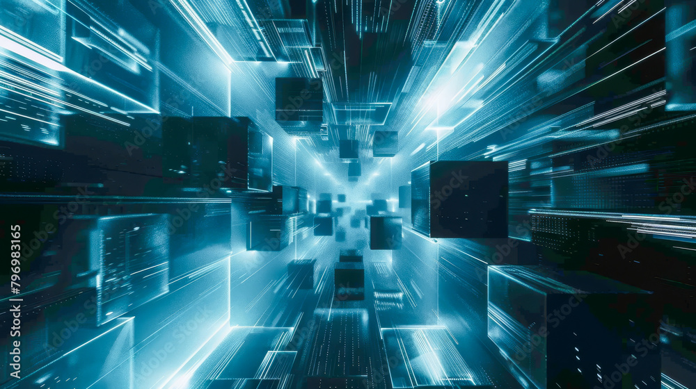 A blue and white image of a cityscape with many cubes A blue and white image of a cityscape with many cubes