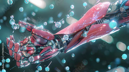 3D visualization of a human arm enveloped by unusual medical screens with biceps in the background. concept art. An anatomical model showing parts such as the forearm