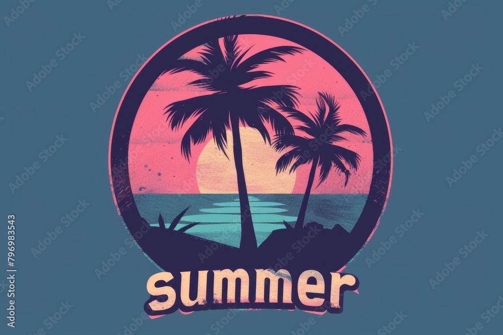 two palm trees silhouetted against the setting sun on an arch shaped background The color palette includes soft pastel pink and navy blue tones  A large text reads 