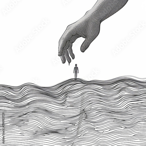 A giant hand catches the little man. The concept of control, dominance, aggression and dictate. Black and white image in pencil drawing style. Illustration for poster, cover, brochure or presentation.