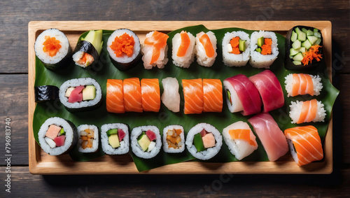 Sushi assortment on a wooden platter, top view