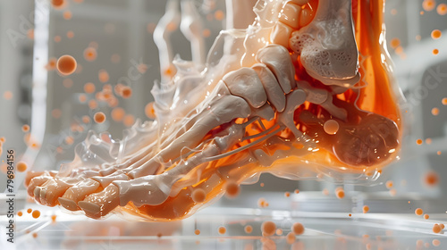 3D visualization of a human foot encompassed by strange medical screens with tendons in the background. concept art. An anatomical model showing parts such as the ankle photo