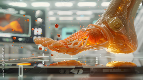 3D visualization of a human foot encompassed by strange medical screens with tendons in the background. concept art. An anatomical model showing parts such as the ankle photo