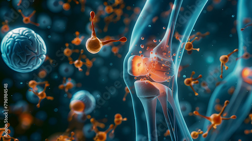 3D visualization of a human knee encased in peculiar medical screens with meniscus in the background. concept art. An anatomical model showing parts such as the patella photo