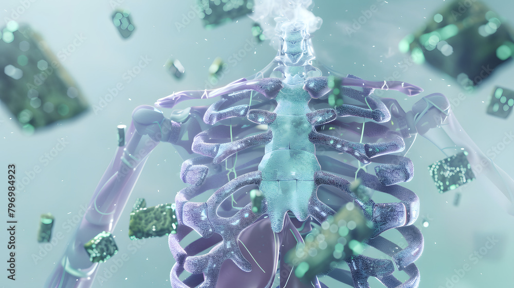 3D visualization of a human ribcage encased in peculiar medical panels ...