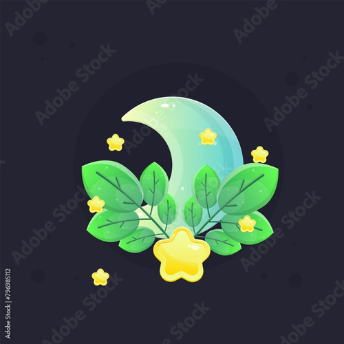 Moon Glossy Yellow Turquoise Game Icon Badge With Green Branches And Stars Isolated Vector Design (ID: 796985112)