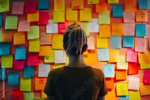 Person standing in front of colorful sticky notes on a wall. Concept Photography, Colorful Props, Portrait, Portrait Photography, Creativity