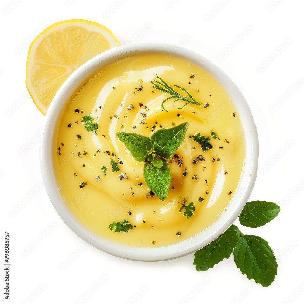 Bowl with lemon sauce isolated, yellow dip, lemon salad dressing on white background, top view Bowl with lemon sauce isolated, yellow dip, lemon salad dressing on white background, top view