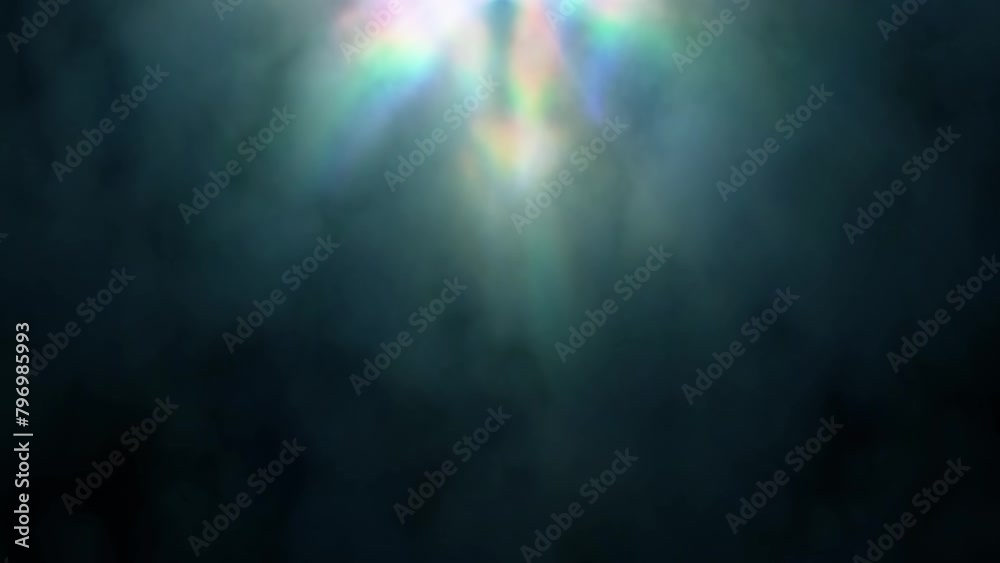 Looped animated background of a realistic dark atmosphere with colorful light rays through the smoke
