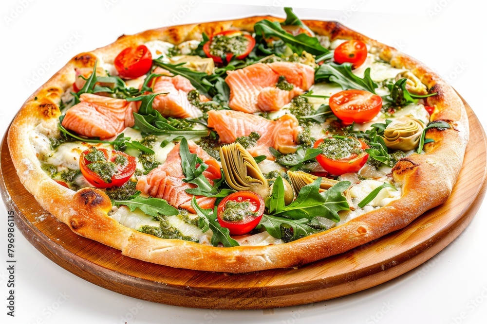 Salmon Pizza with Salmon, Seafood Flatbread with Pickled Artichokes, Arugula, Cherry Tomatoes Salmon Pizza with Salmon, Seafood Flatbread with Pickled Artichokes, Arugula, Cherry Tomatoes