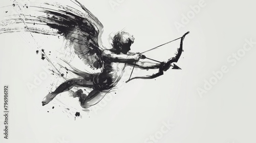 Cute Cupid angel with bow and arrow symbolizing love. Black ink art.