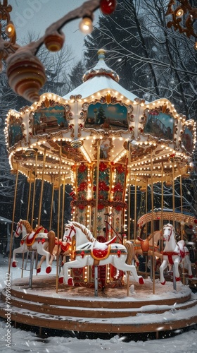 A merry-go-round with horses and lights on it