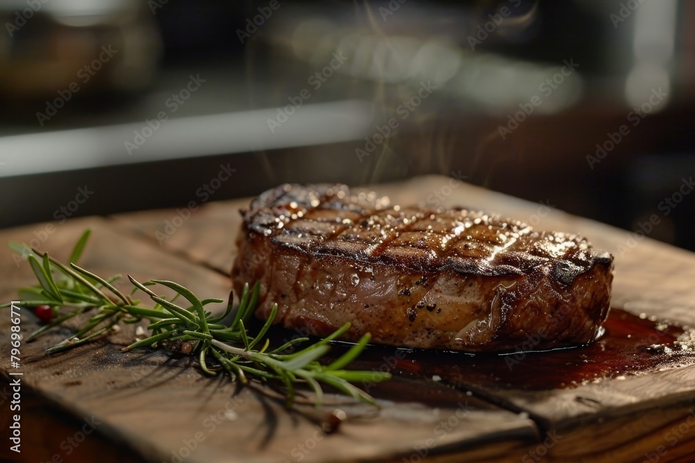 Juicy grilled steak with fresh rosemary on wooden board Juicy grilled steak with fresh rosemary on wooden board