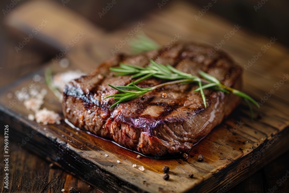 Juicy grilled steak with fresh rosemary on a wooden board
