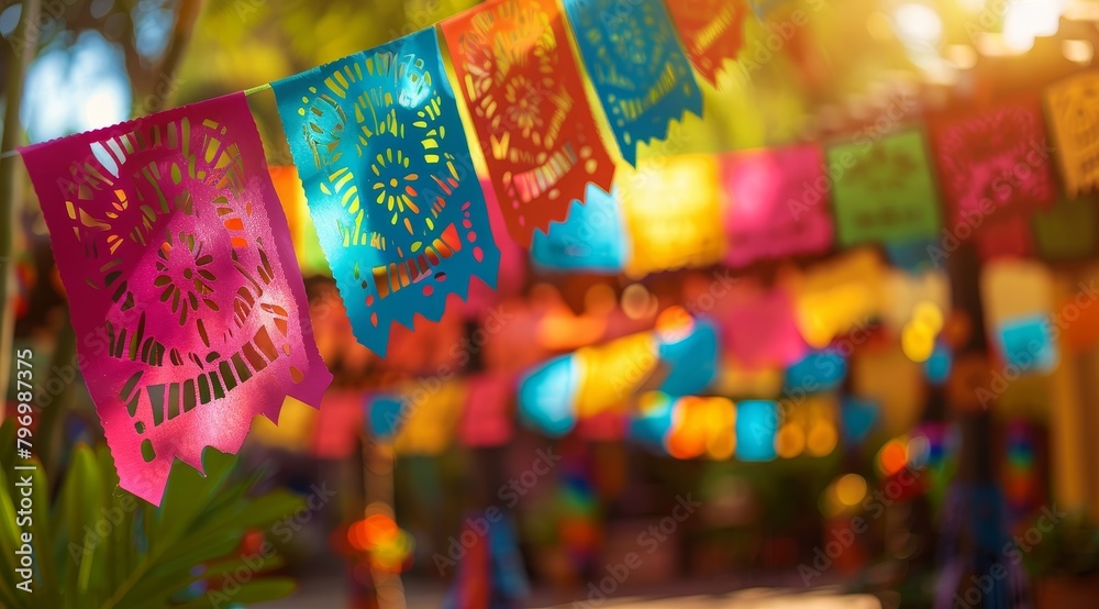 Colorful papel picado banners at a festive outdoor celebration