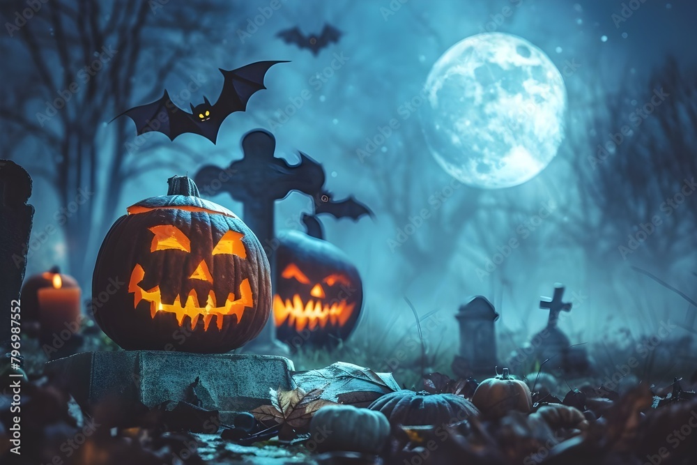 Spooky scene carved pumpkins in graveyard with full moon and bats. Concept Halloween Photoshoot, Pumpkin Carving, Full Moon Atmosphere, Spooky Props, Bat Decorations Spooky scene carved pumpkins in graveyard with full moon and bats. Concept Halloween Photoshoot, Pumpkin Carving, Full Moon Atmosphere, Spooky Props, Bat Decorations