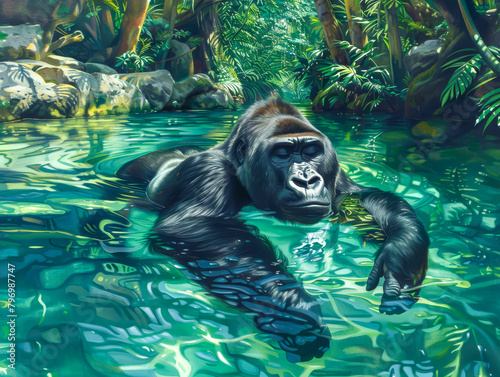 A gorilla is swimming in a river photo