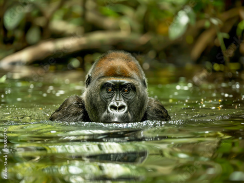 A gorilla is swimming in a river photo