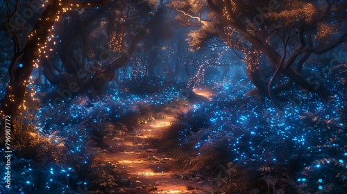 Bioluminescent Wonderland: Illuminated Trees in Enchanted Forest, generative ai