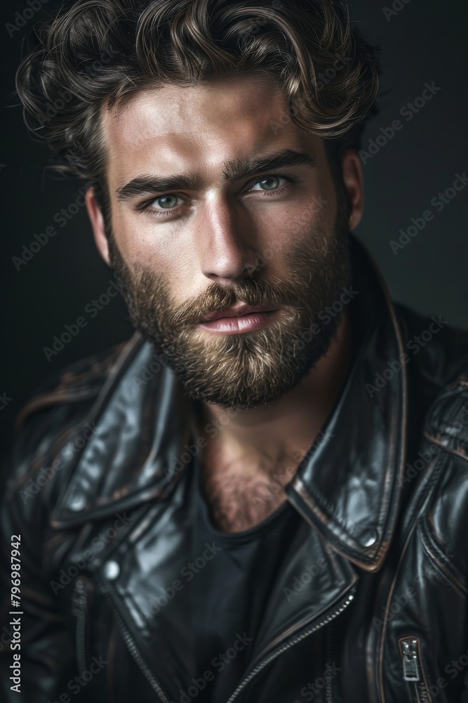 Fototapeta premium Handsome young man with beard wearing leather jacket