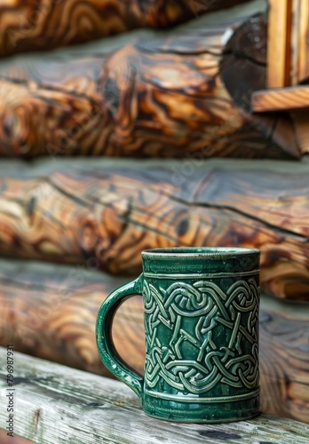 Celtic Pattern Mug on Rustic Wooden Background