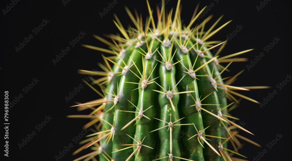Close-up of a vibrant green cactus with sharp spines against a black background Close-up of a vibrant green cactus with sharp spines against a black background