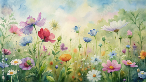 Watercolor background of blooming wildflowers