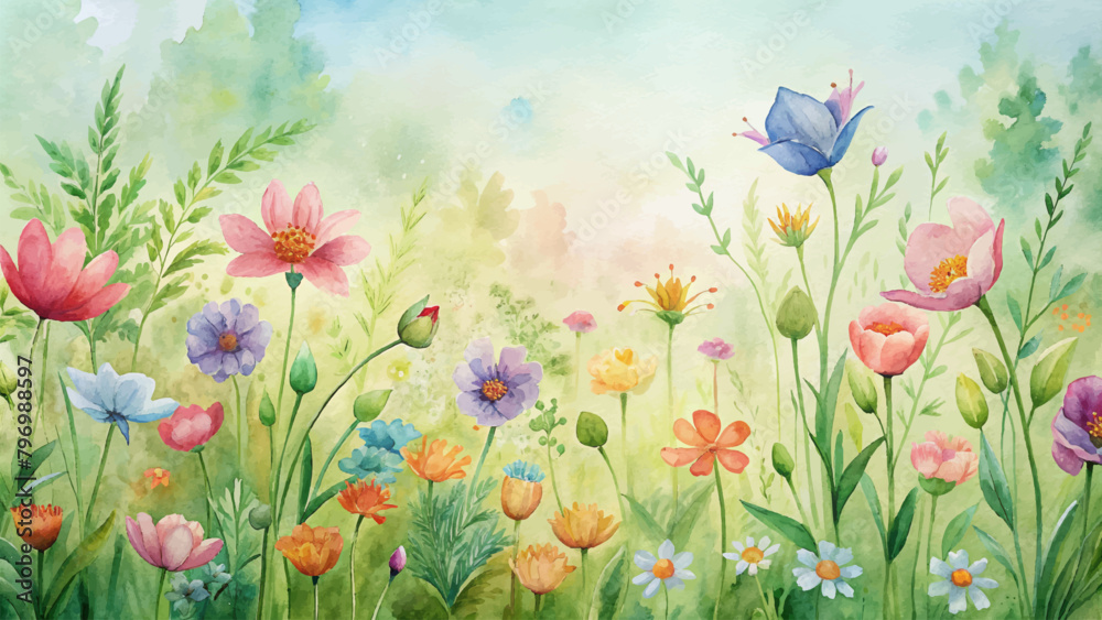 Watercolor background of blooming wildflowers