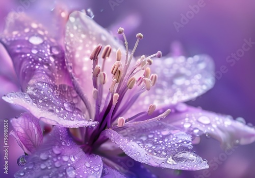 Close-up of Dew Drops on Purple Flower