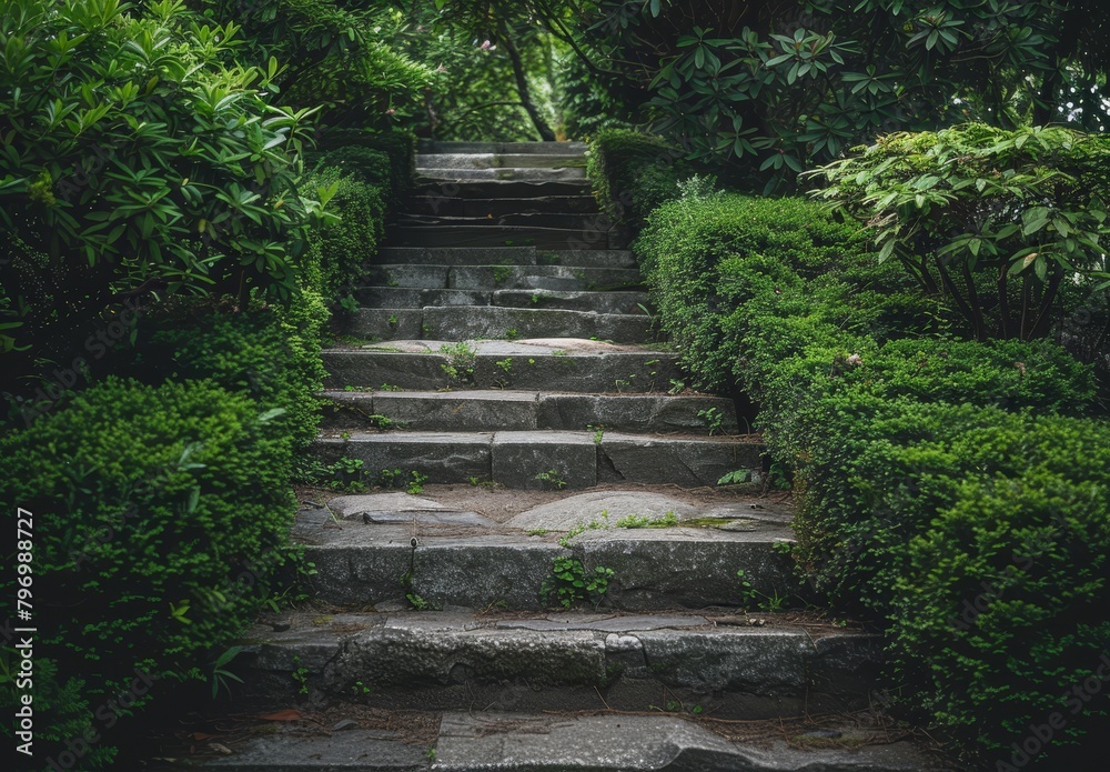 Serene Garden Pathway with Stone Steps Surrounded by Lush Greenery