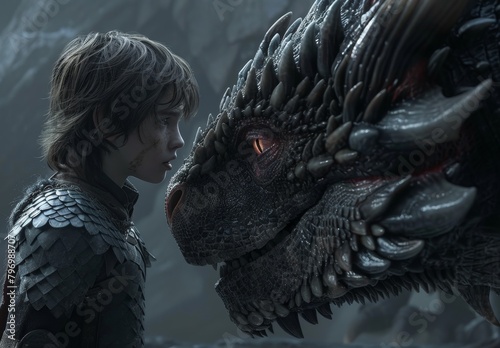 Young warrior in armor facing a large mythical dragon photo