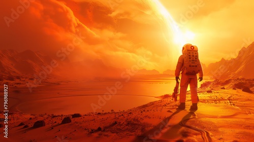 Astronaut walking on the planet Mars