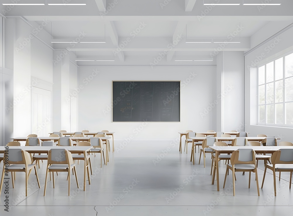 Modern white empty school classroom with chalkboard desks and chairs for children during class in an educational setting