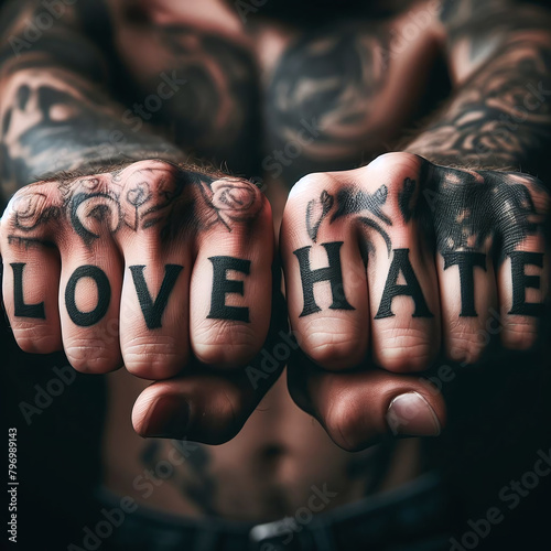 Close-up of tattooed knuckles with the words 'LOVE' and 'HATE' on a dark background.