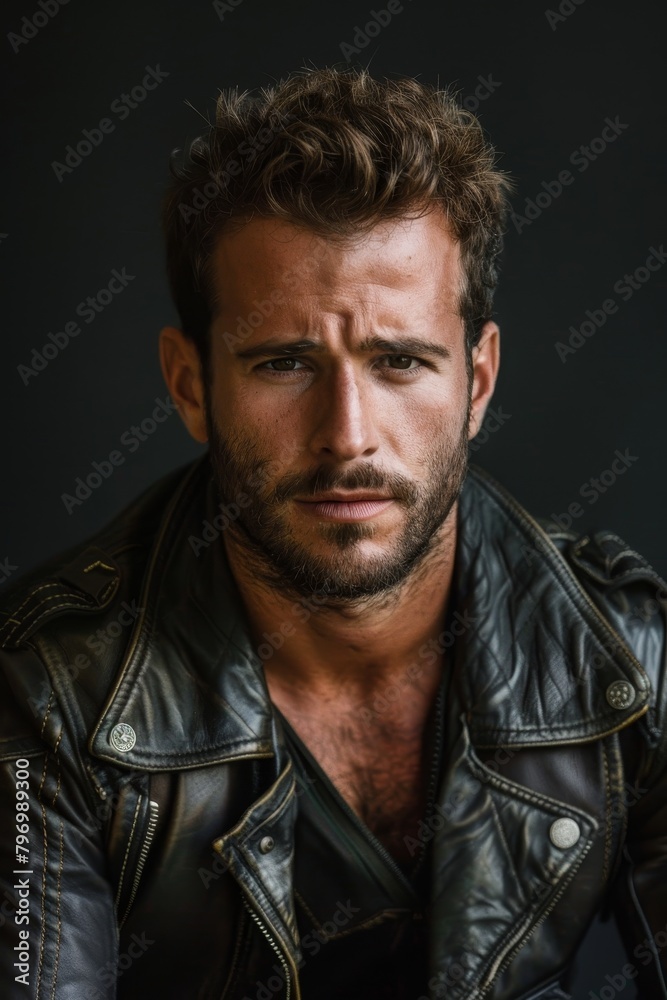 Handsome man in leather jacket posing against dark background Handsome man in leather jacket posing against dark background