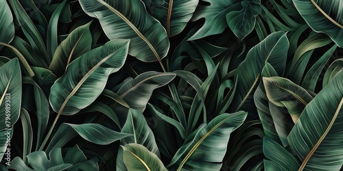 tropical flowers exotic dark green banana leaves and palm leaves seamless pattern, hand-drawn style fabric vintage 3D illustration, glamorous night dark background design luxury wallpaper
