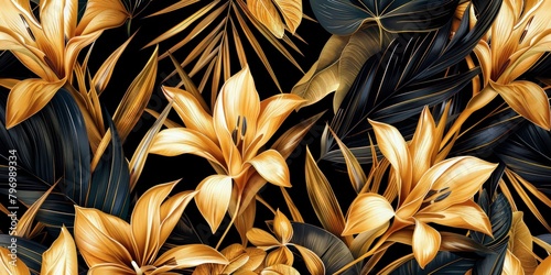 tropical flowers exotic premium golden strelitzia flowers seamless pattern, hand-drawn style fabric vintage 3D illustration, glamorous digital art dark background design luxury wallpaper photo