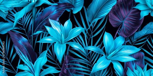 tropical flowers exotic premium blue neon strelitzia flowers seamless pattern  hand-drawn style fabric vintage 3D illustration  glamorous digital art dark background design luxury wallpaper
