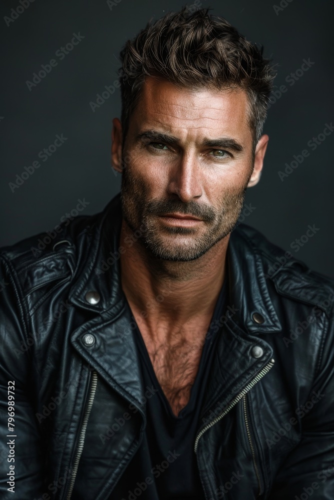 Handsome man in leather jacket posing against dark background Handsome man in leather jacket posing against dark background