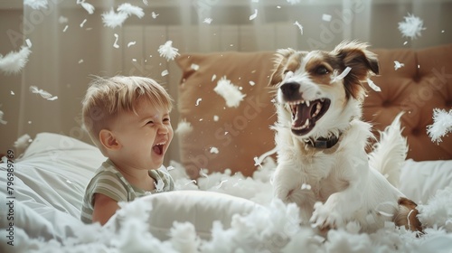 Dog and little kid doing pillow fight at home photo