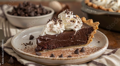 Delicious slice of chocolate pie topped with whipped cream and chocolate shavings © Balaraw