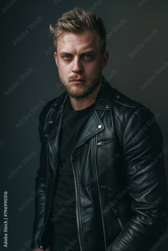 Confident young man in a leather jacket posing against a dark background