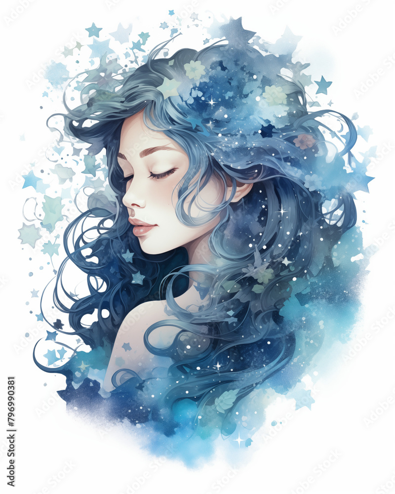  Ethereal blue-toned watercolor portrait of a serene woman surrounded by stars and swirls