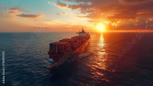 Container Ship at Sea: Aerial View of Global Logistics and Shipping. Concept Shipping Industry, Global Trade, Logistics Technology, Maritime Transport, Cargo Containers
