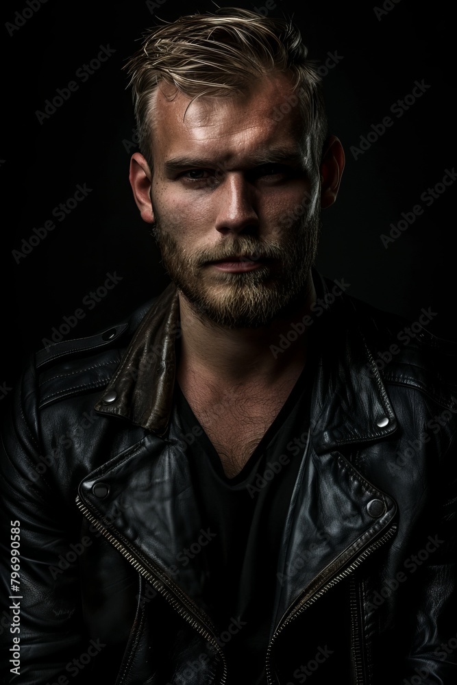 Obraz premium Portrait of a serious young man in a leather jacket against a dark background