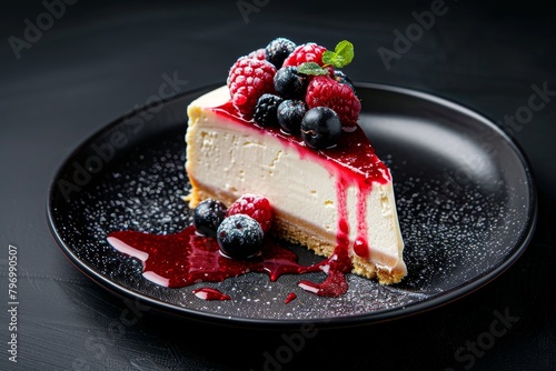 Elegant cheesecake topped with fresh berries and drizzled with raspberry sauce