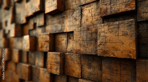 A wall made of wooden blocks with a brown color