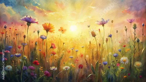 Watercolor background of wild flowers in the sunlight